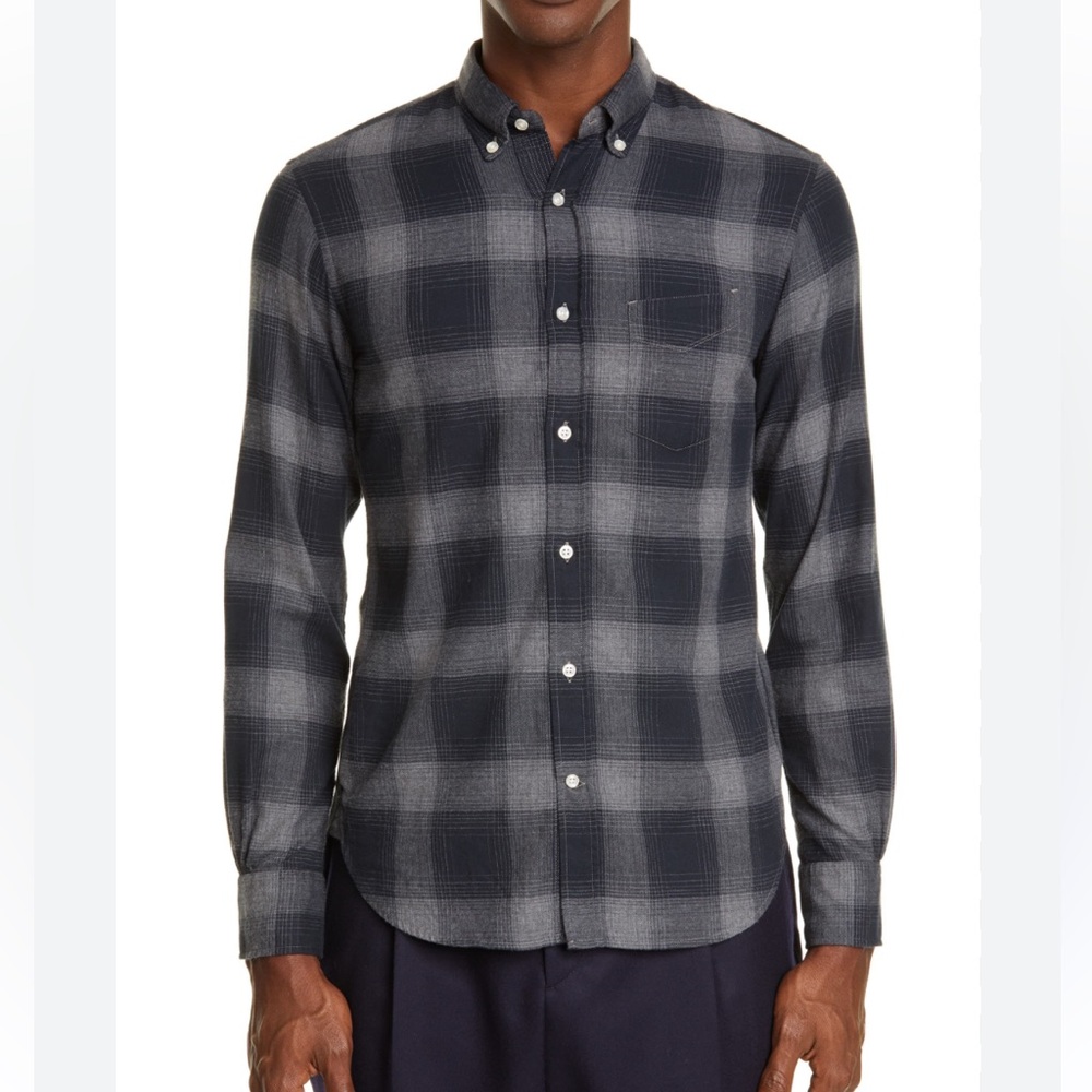 OFFICINE GÉNÉRALE Men's Shadow Plaid Black Gray Flannel Button Up Shirt Size S